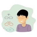 The guy ponders the choice of glasses, a happy expression on his face. Purchase of glasses in an optician salon.